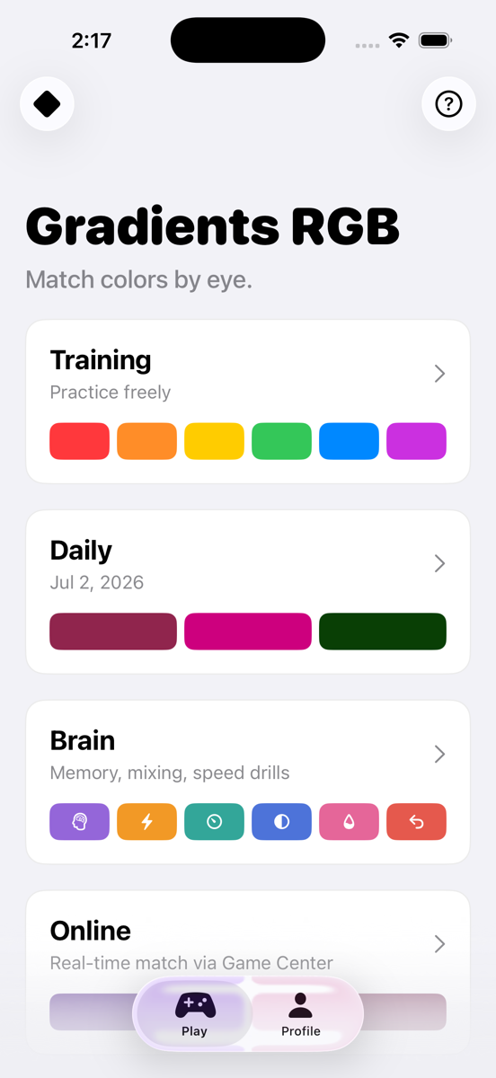 Gradients RGB home — Training, Daily, Brain and Online modes